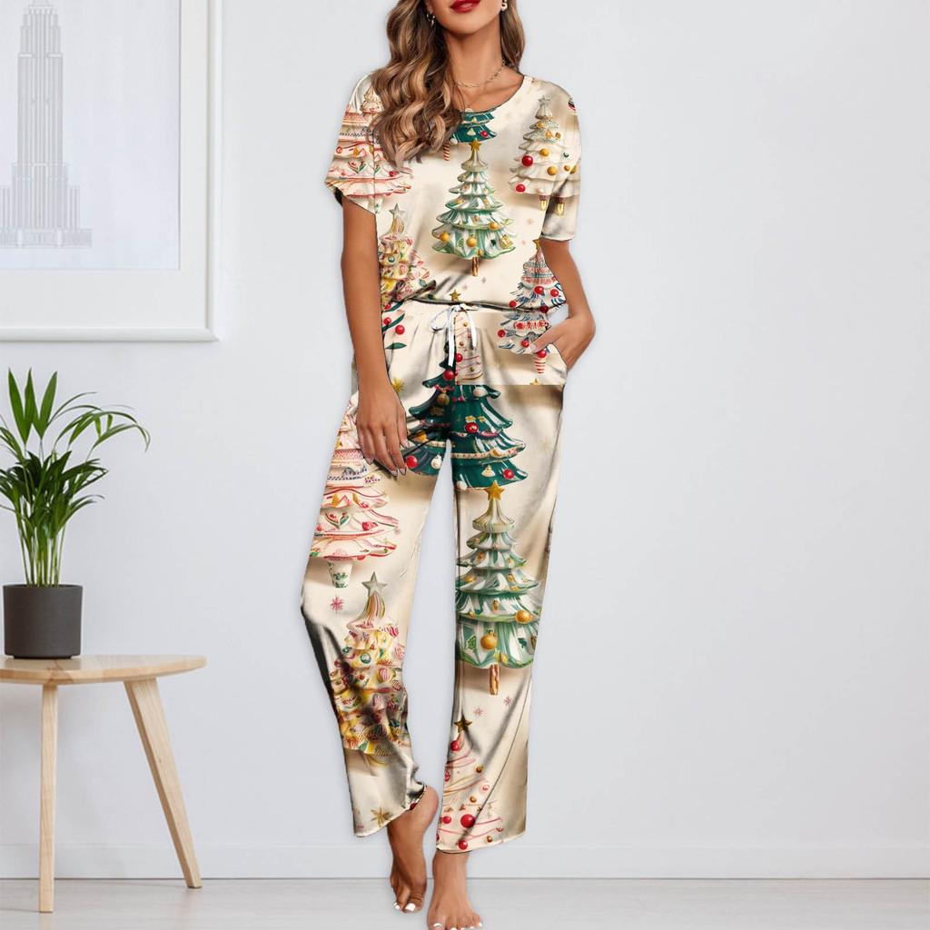 Женский шелковый атласный пижамный комплект с рождественским принтом, рубашка с коротким рукавом и длинные пижамные штаны, мягкая домашняя одежда