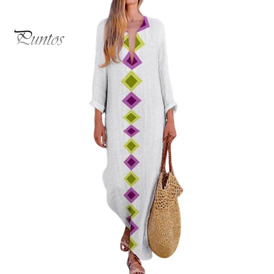 Женское осенне-весеннее платье с V-образным вырезом, нерегулярным подолом, цветочным принтом и длинными рукавами, свободное с разрезом по бокам, повседневное пляжное платье макси в этническом стиле