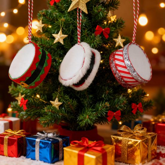 Christmas Drum Hanging Ornament for Tree Decoration Plush Fabric Texture Classic Red Green Colors