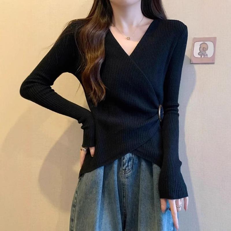 Autumn Winter V-neck Solid Irregular Waist Sweater Women Long Sleeve All-match Bottomed Pullover Knitting Top