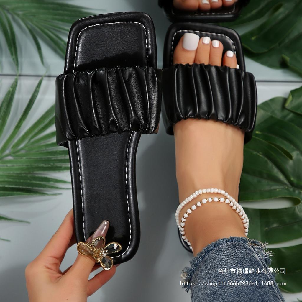 2025 Large Size Flat Slippers New Summer Fashion Pleated Sandals Square Head Slippers Spot Women's Shoes