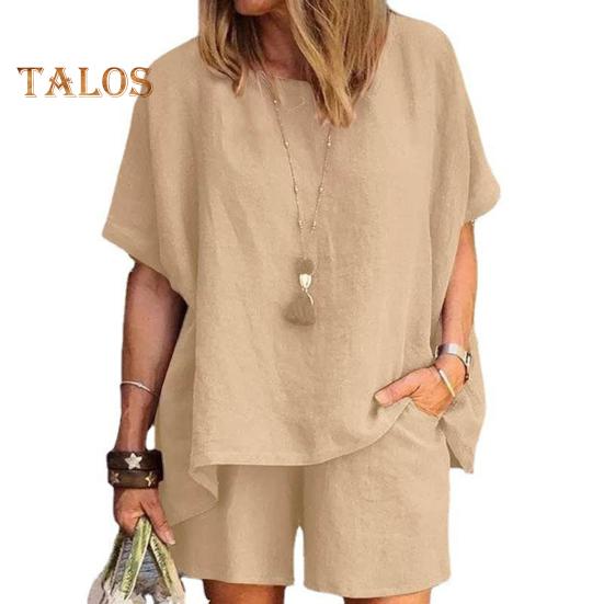 Women's Cotton Linen 2-Piece Outfit Short Sleeve Crewneck Pullover Top And Shorts Set with Pockets Summer Casual Loungewear Tracksuit