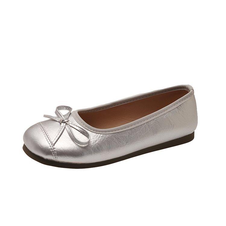 French Bow Silver Single Shoes Women's 2025 New Flat Gentle Grandma Shoes Summer Ladyshoes Candy Ballet Shoes