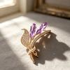 1pc Flower Shaped Leaf Lapel Pin with Purple Crystal Accent, Golden Metal Floral Brooch, Clothing Accessory for Suit Shawl Evening Dress,