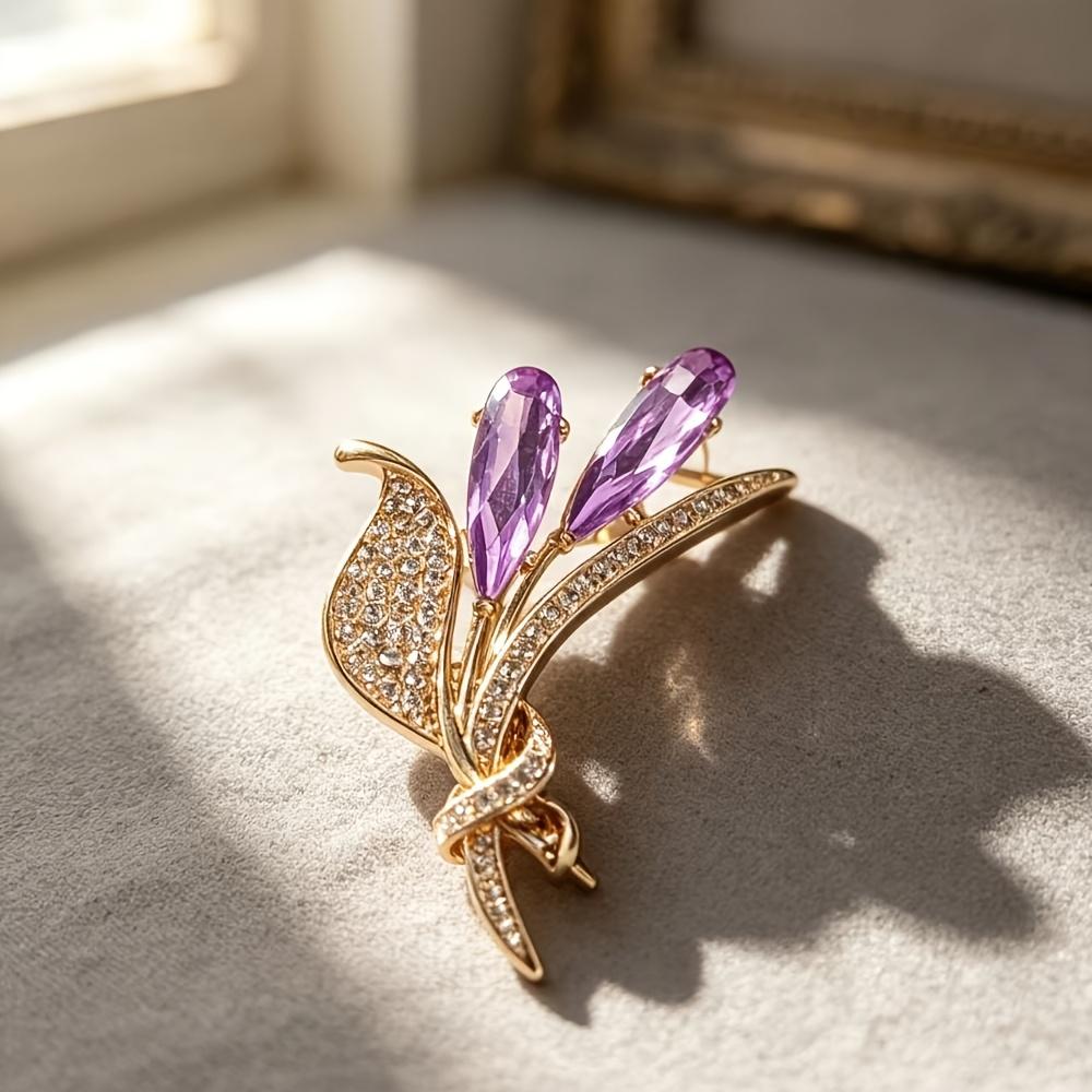 1pc Flower Shaped Leaf Lapel Pin with Purple Crystal Accent, Golden Metal Floral Brooch, Clothing Accessory for Suit Shawl Evening Dress,