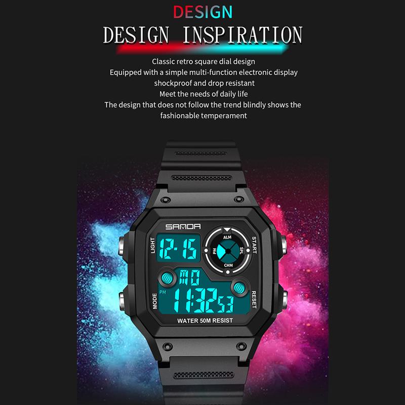 Новые модные электронные часы SANDA Square Trend, водонепроницаемые светящиеся спортивные мужские часы, цифровые студенческие часы