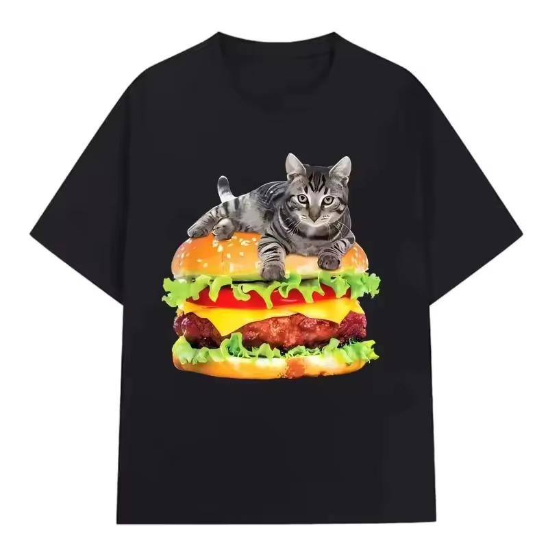 Hamburger Funny Cute Cat Meme Graphic Top Women Casual Simple Stylish Vintage Summer Oversize Crewneck Short Sleeve Printed Tee