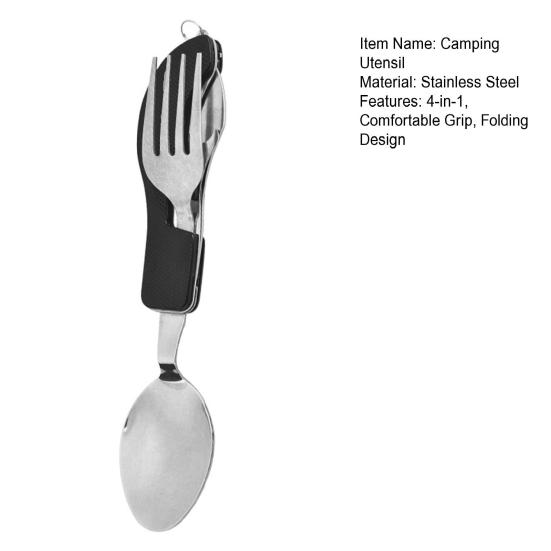 Camping Utensil with Key Ring 4-in-1 Stainless Steel Spoon Knife Fork Bottle Opener Folding Pocket Kit Travel Backpacking Cutlery Multitool