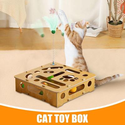 Игрушка-головоломка для кошек Игрушки для кошек Головоломка Деревянная коробка с перьями и шариками Развлечение для занятий спортом в помещении Охота Интерактивная пружинная дразнилка для кошек