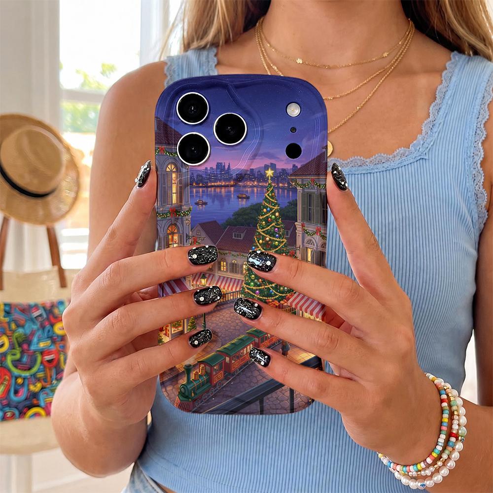 Christmas Town Train Night Scene Phone Case for iPhone 17 Pro Max, Festive Holiday Village Soft TPU Cover, Winter Xmas Scenic Protective Back Shell