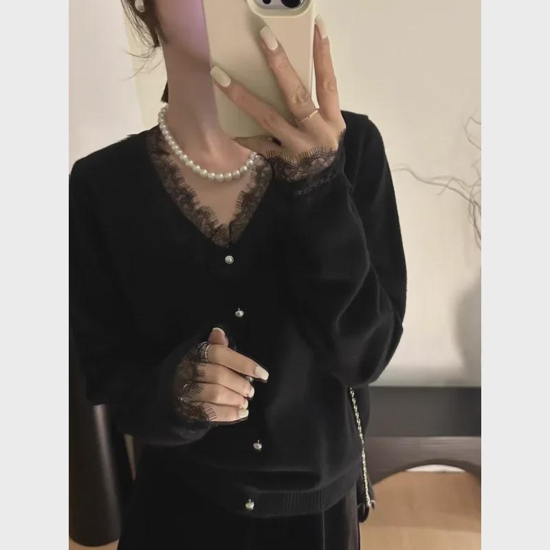 Women's V-Neck French Lace Sweater - Spring/Autumn Fashion, Loose-Fit, Long-Sleeve Top