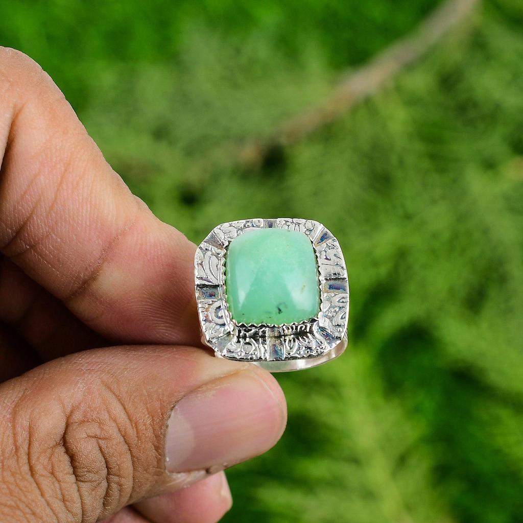 Сделка на День Благодарения Кольцо-солитер с драгоценным камнем хризопразом из серебра 925 пробы