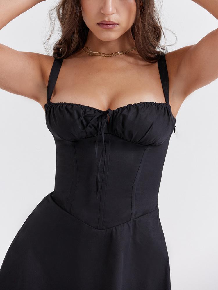 Aesthetic Y2k Ruched One Piece Dress Women Sexy Solid Short Dress Evening Party Summer Clothes Elegant Tie-Up Sleeveless Dress