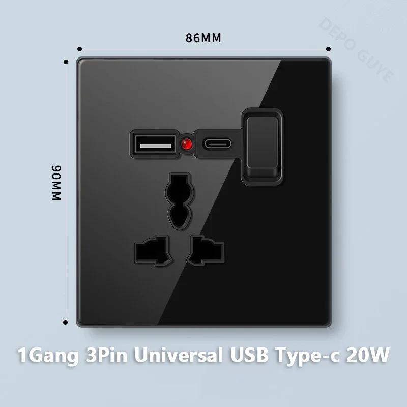 Стандарт Великобритании 20 Вт Type-C розетка для быстрой зарядки универсальный настенный выключатель света на 2 направления, черное закаленное стекло двойная 3-контактная USB розетка