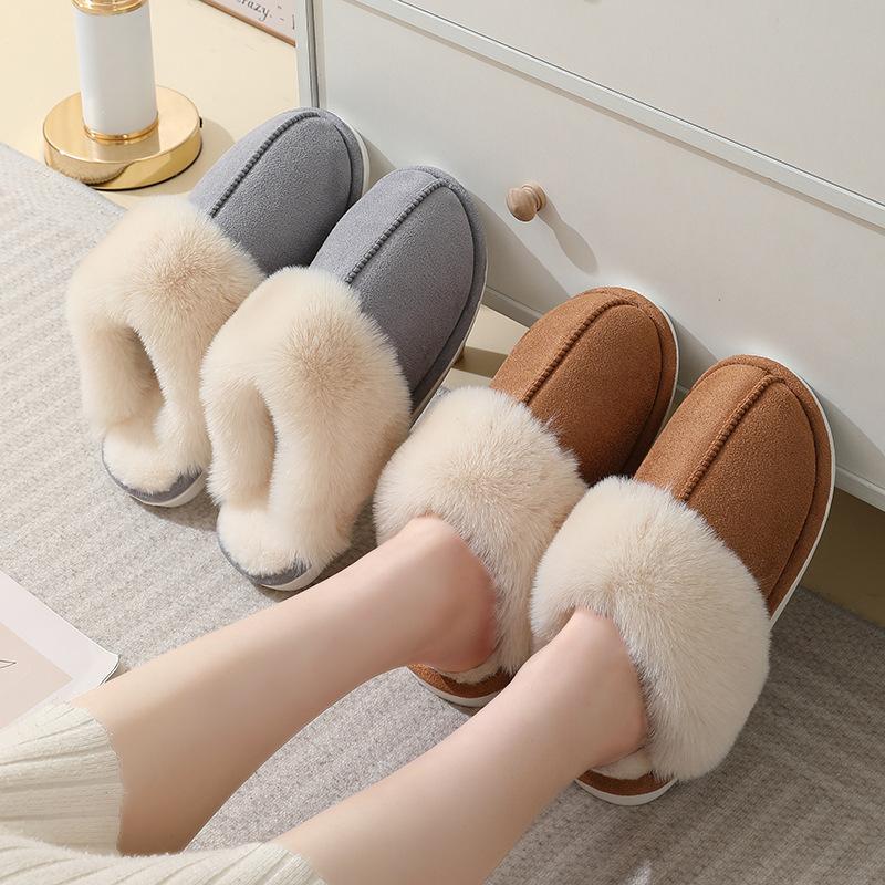 2024 Winter Warm Home Fur Slippers Women Luxury Faux Suede Plush Couple Cotton Shoes Indoor Bedroom Flat Heels Fluffy Slippers