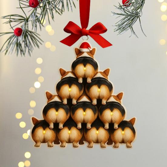 Corgi Butt Christmas Ornament 2D Acrylic Funny Dog Butt Stacking Xmas Tree Shaped Pendants for Tree Car Home Hanging Decor
