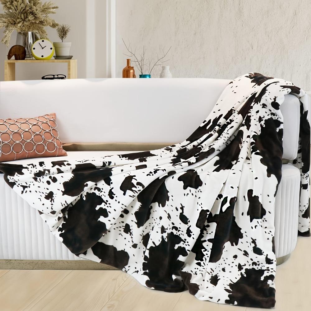 GUOYU Blanket 1pc White Brown Blanket Cow Spots Printed Skinfriendly Warm Flannel Blanket for Home Living Room Decor New Year Christmas Gift