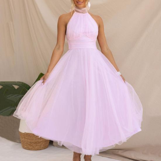 Lady Evening Dress Lace-up High Collar Halter Neck Backless Off Shoulder Sleeveless Multi-layer Mesh Hem Solid Color A-line