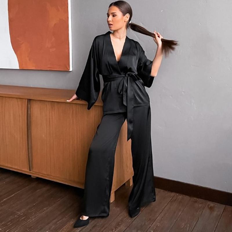 Women Robes With Sashes 2 Piece Set Wrist Sleep Tops Satin Pants Loose Pajamas Casual Sleepwear Female Home Suits