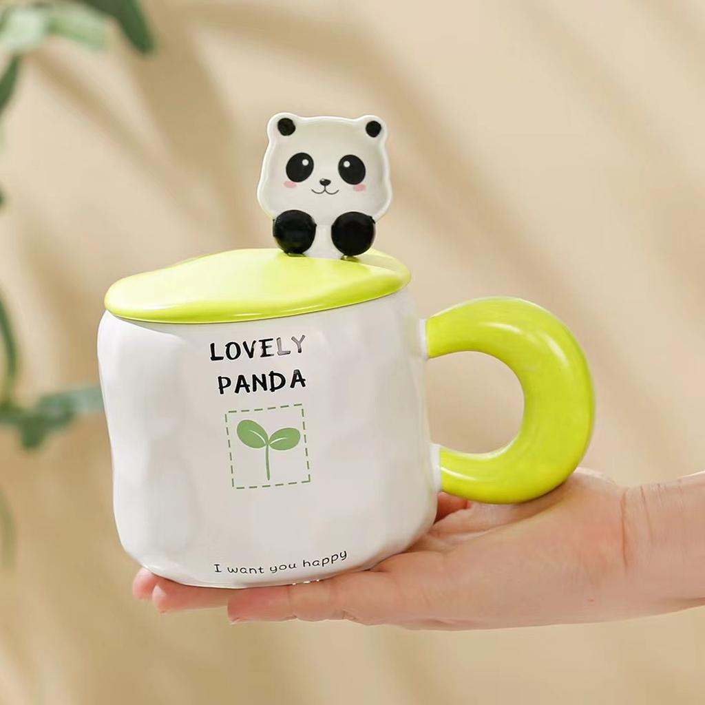Creative Cartoon Panda Ceramic Cup Small Fresh Mug with Lid Spoon Coffee Cup Souvenir Gifts