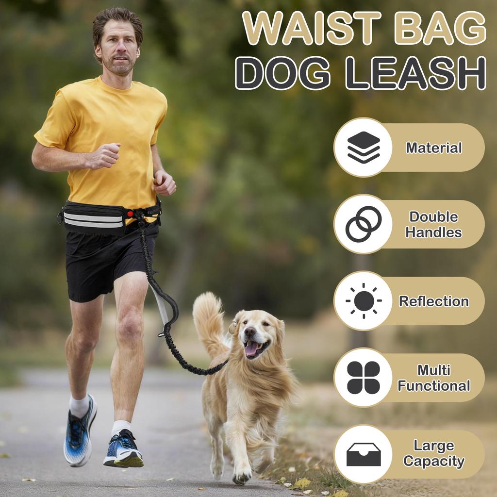Hands Free Dog Leash Dog Running Waist Leash Nylon Pet Leash with Waist Bag and Padded Handle Retractable Elastic Belt for Walk
