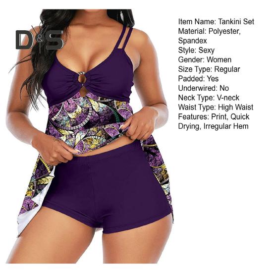 Комплект из 2 предметов танкини с V-образным вырезом, неровным подолом, купальник с подкладками для груди, без стальной поддержки, плавки