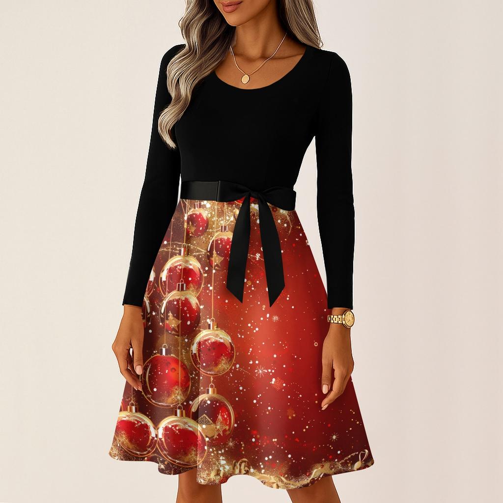 Women's Casual Fashion Long Sleeve Christmas Graphic Printed Vintage Long Dresses