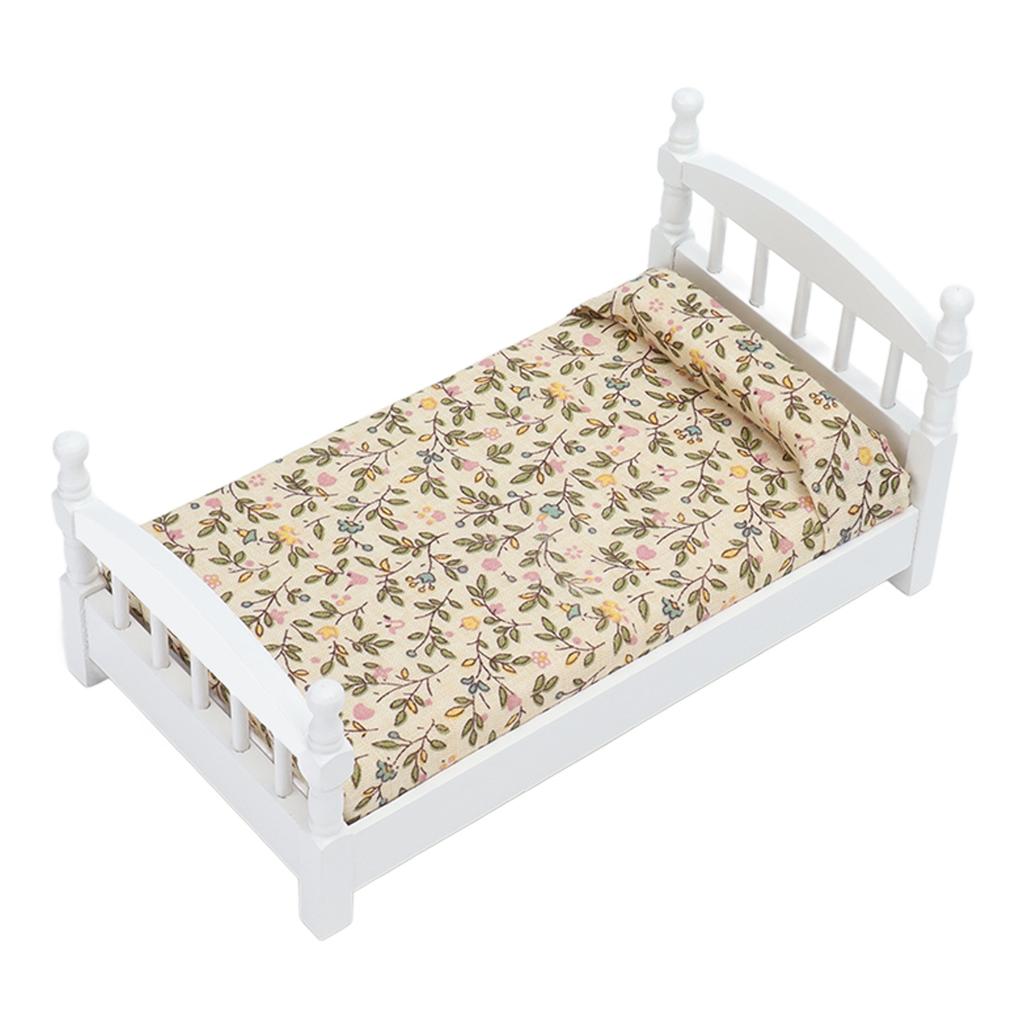 Wooden Doll House Bed 1: 12 Scale Miniature Bedroom Furniture Set with Mattress Pillow