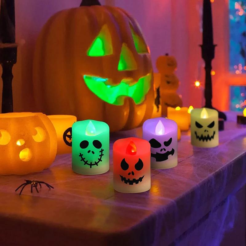 6Pcs/lot Led Halloween Ghost Pumpkin Candle Light Halloween Party Home Bar Multicolor Lamp Decoration Haunted House Horror Props