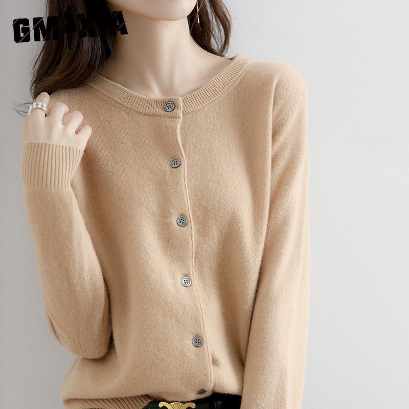 GMXIA Весенне-осенний кардиган с круглым вырезом для женщин, свободный свитер, подчеркивающий фигуру, вязаный свитер, универсальный короткий топ, женский базовый слой для пальто