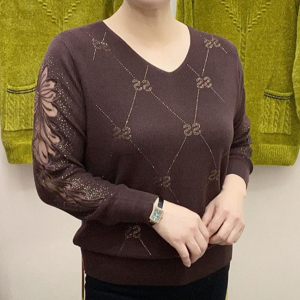 Весенне-осенний женский свитер с V-образным вырезом, свободного кроя, со стразами, ажурный вязаный пуловер
