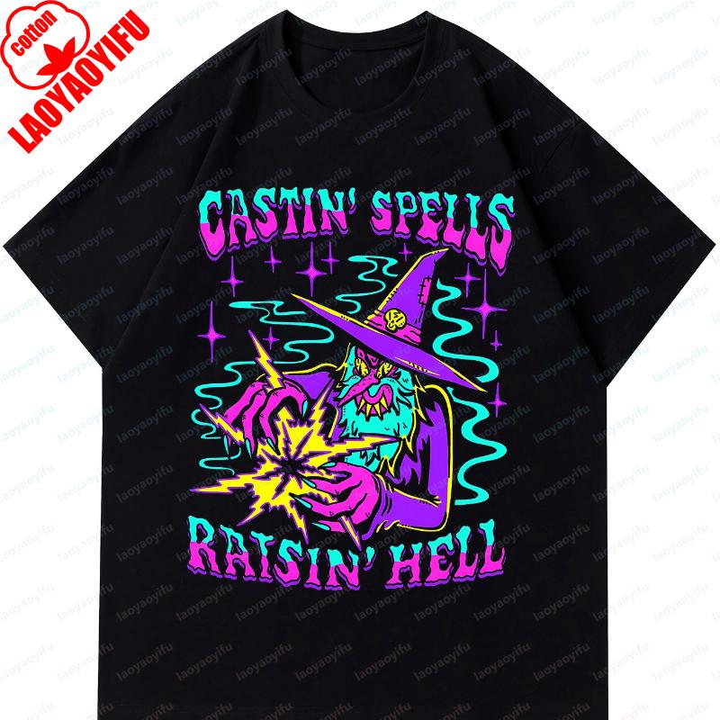 Wizard Casting Spells Printed Unisex Cotton Tshirts Casual Short Sleeve Tee Summer Spring Gothic Novelty Women Unisex Cool Tops