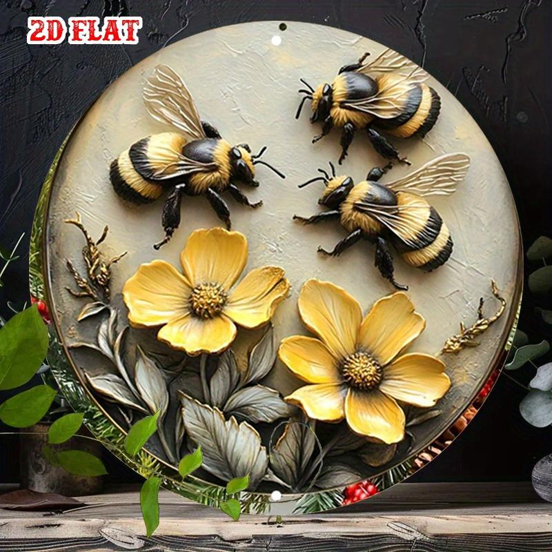 D Flat Metal Sign Retro Vintage Bumble Bee Metal Wall Art Rustic Metal Flower Round Tin Plaque Country Farmhouse Garden Inse