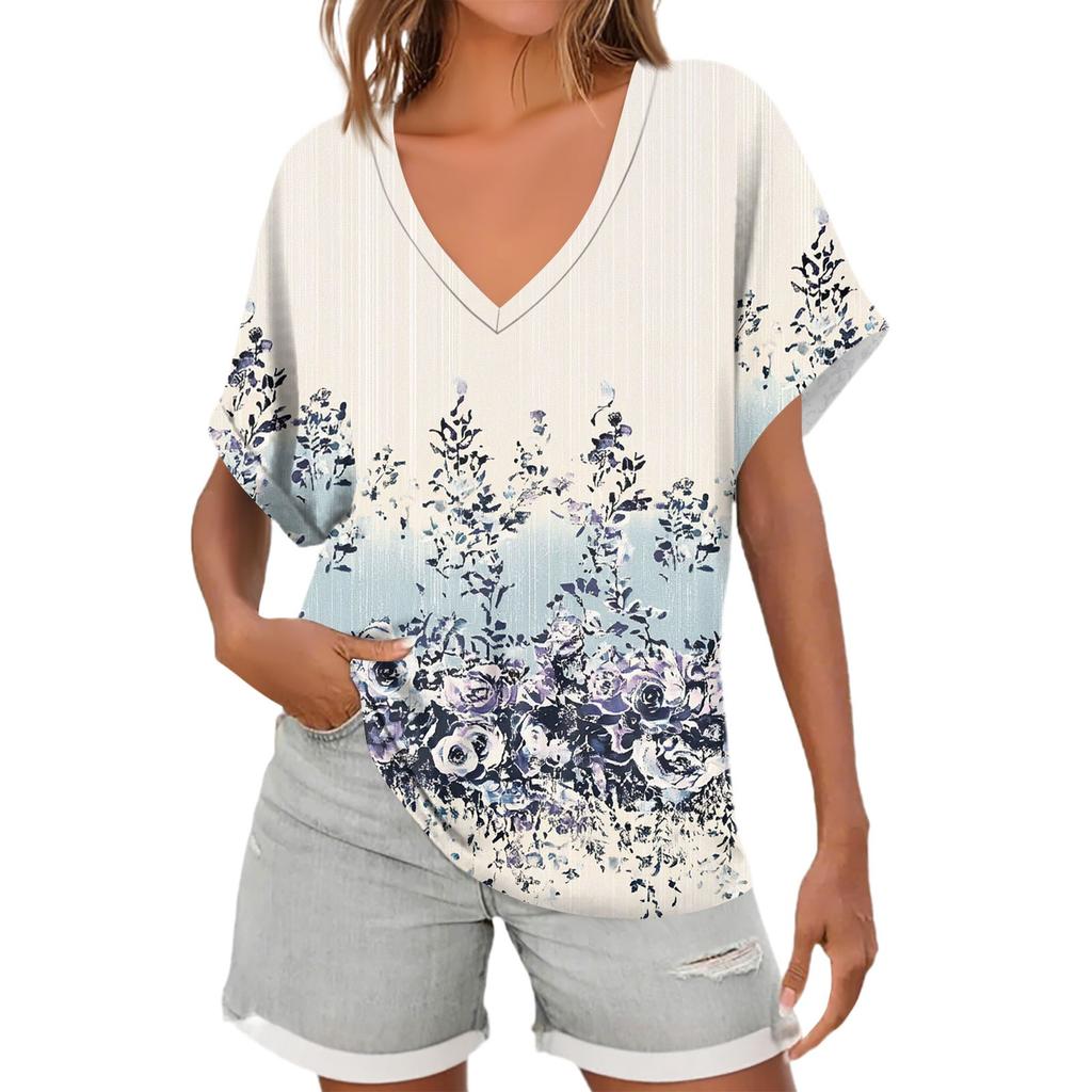 Womens Short Sleeve V-Neck Shirts Floral Print Loose Casual Basic Tees Summer Tops