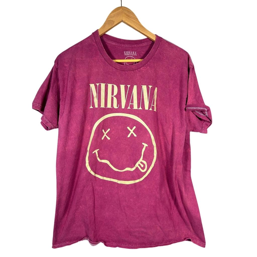 Футболка Nirvana 'Smiley Face' T T Малиновая Стираная Графическая Футболка Размер L