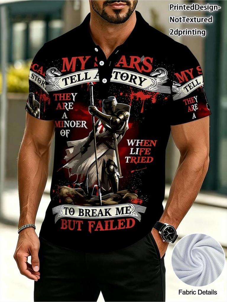 Printed Design - Non-Textured 2D Printing Men'S Polo Shirt, Knight Scars Design, Polyester Material, Lightweight Fabric, Comfortable And Breathable,