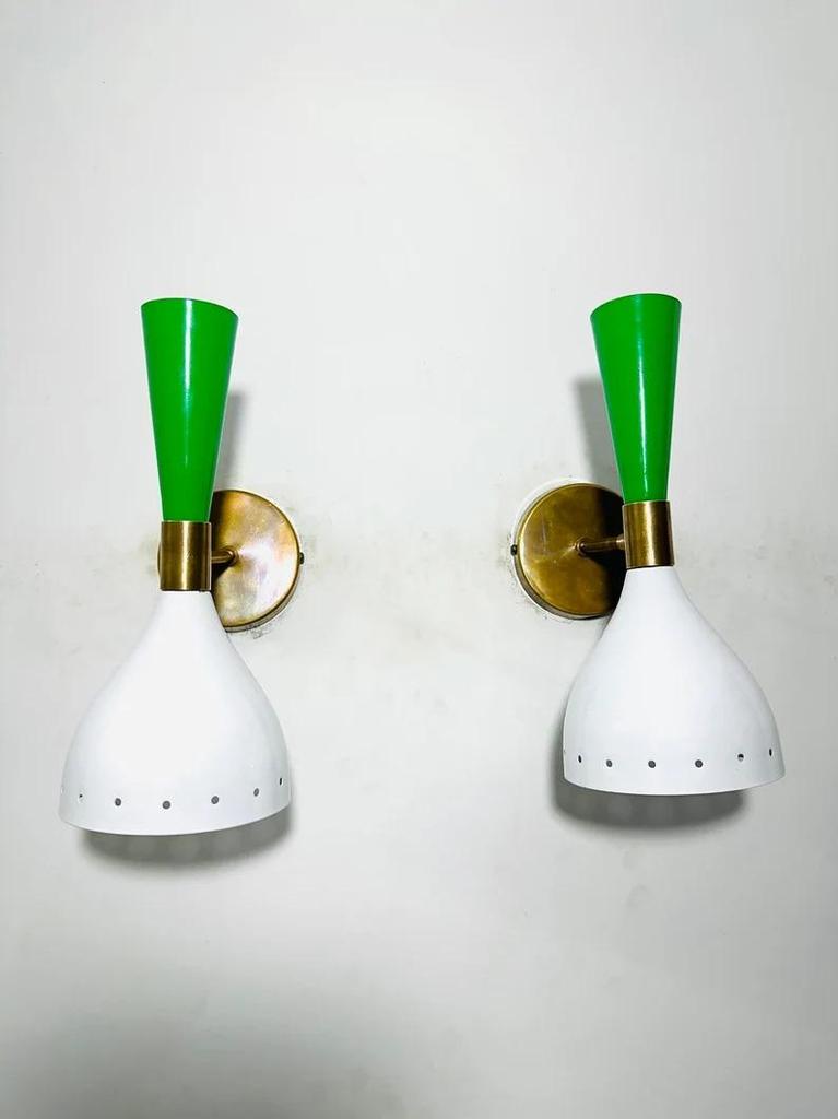 Настенный светильник «Диаболо» середины века: Латунь, Зеленый и Белый, Набор из 2 шт.