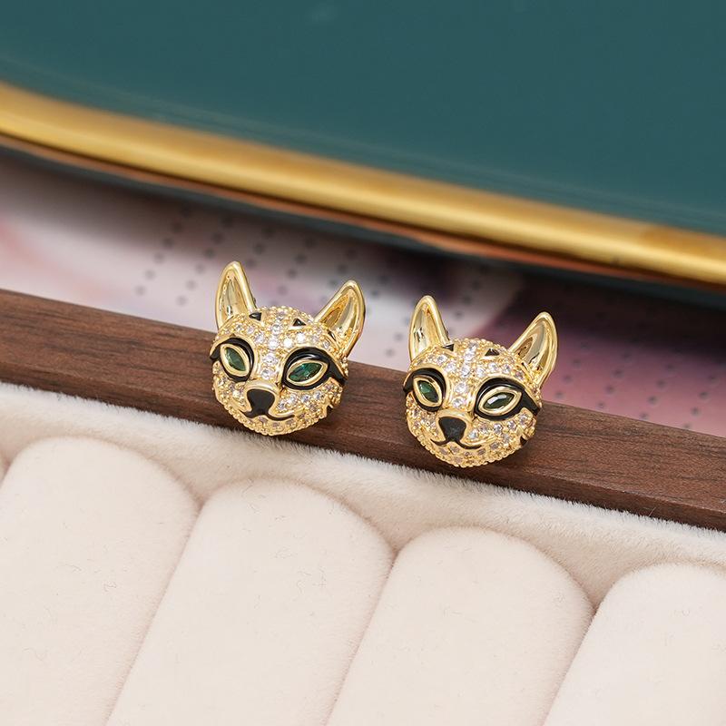 Full Diamond Zircon Fox Stud Earrings Gold High-End Light Luxury Earrings Cute Design Earrings Women
