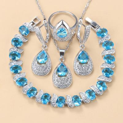 Серьги-подвески с синим сапфиром, ожерелье и кольцо, женский комплект
