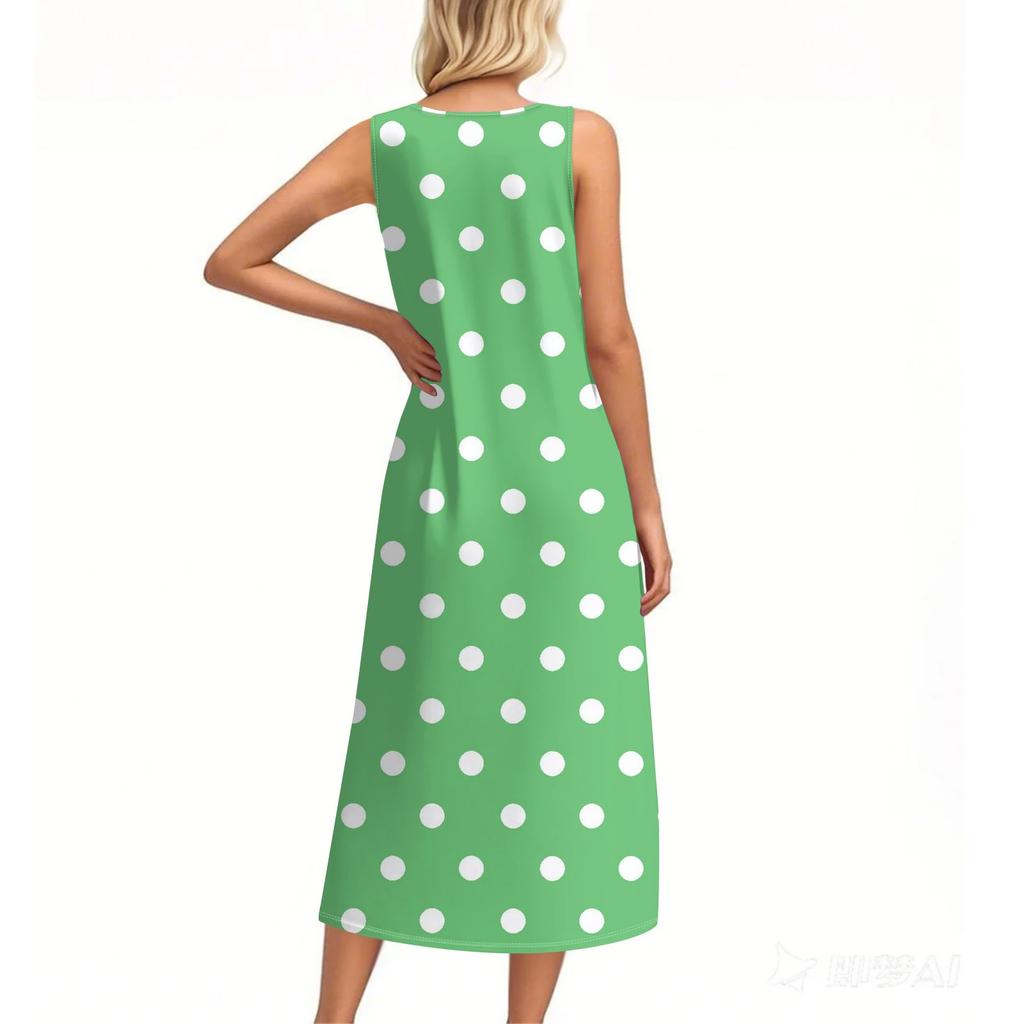 Women's Summer Polka Dot Print Dress Sleeveless Button Down Casual Loose Long Beach Sundress