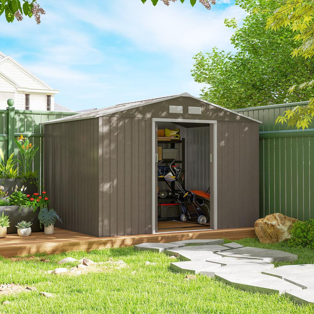 9 x 6ft Garden Metal Storage Shed, Outdoor Storage Tool House with Vents, Foundation and Lockable Double Doors, Brown