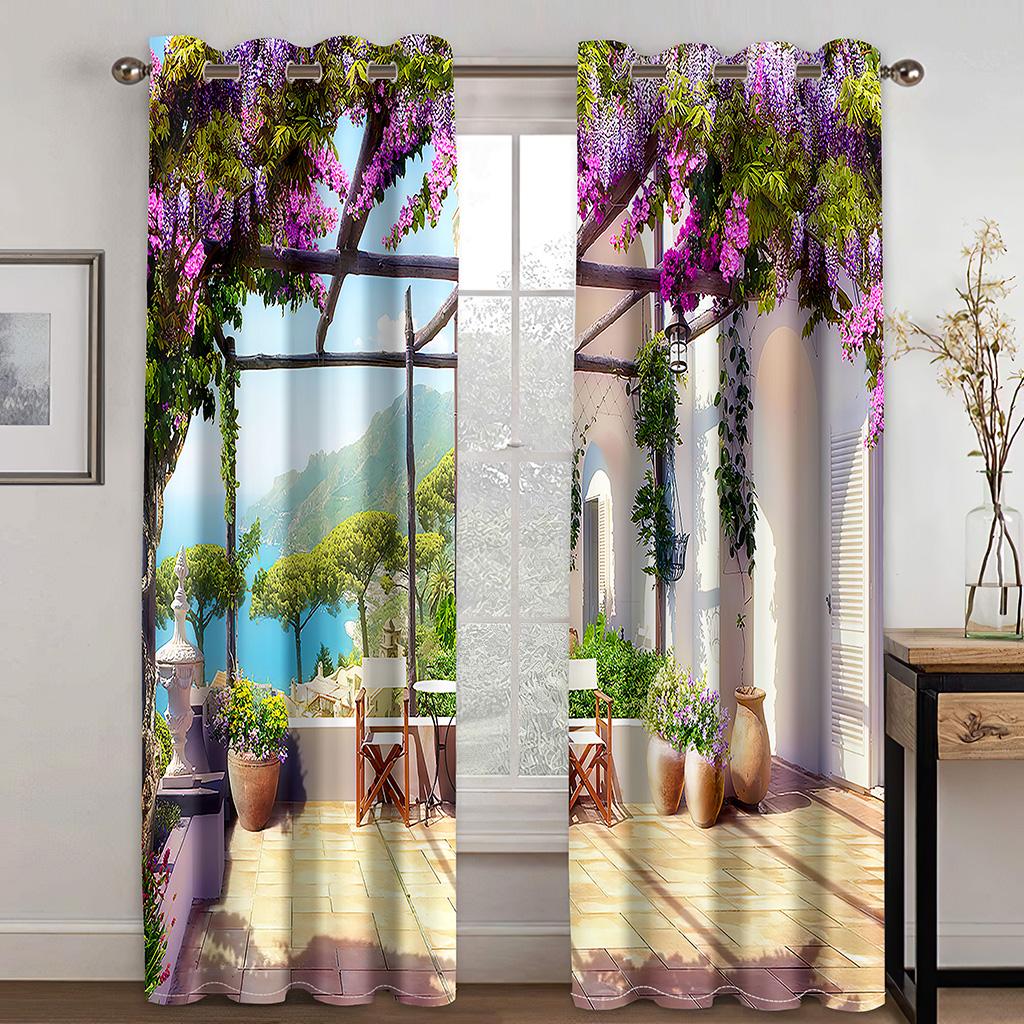 2 Panels Flower Path Printed Curtain Rod Pocket Semi Blackout Window Treatment For Bedroom Office Kitchen Living Room Study Home