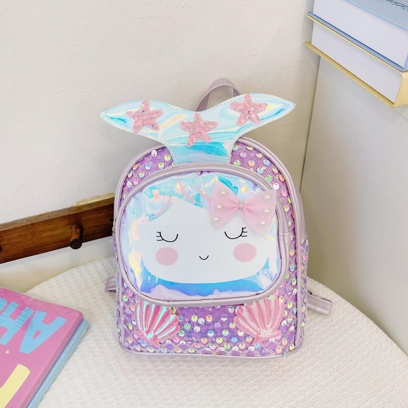 Children Backpack Girls With Shiny Shell Mermaid Tail For Kindergarten Use