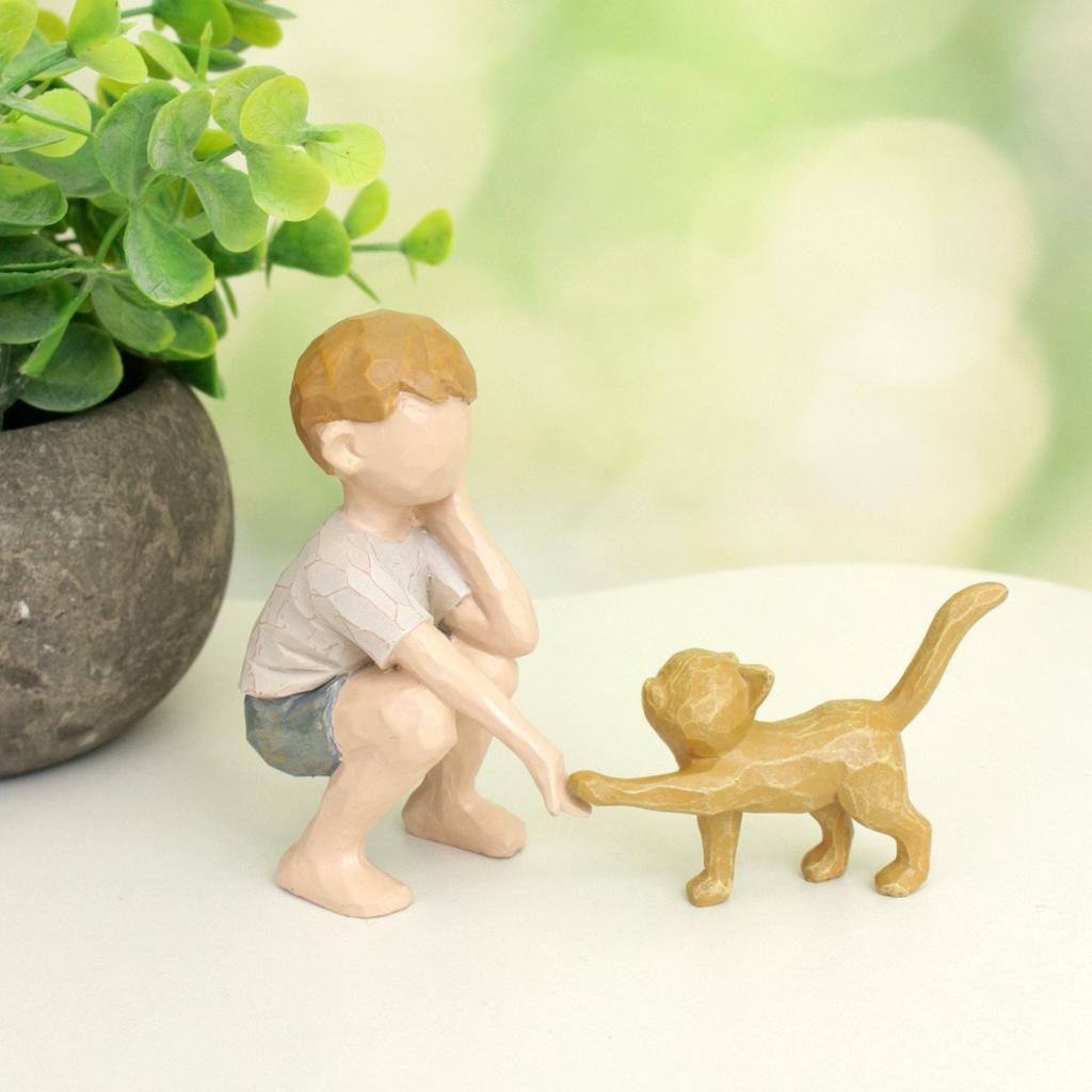 Деревянная скульптура мальчика и кота, фигурки животных ручной работы, деревянная декоративная коллекционная фигурка для домашнего офиса, натуральная, экологически чистая