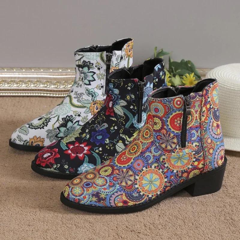 Женские винтажные ковбойские сапоги с принтом, осень-зима, новые ботильоны из искусственной кожи, женские ботильоны на толстом каблуке Chelsea Botines Mujer 202