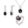 Unique Trendy Silver Ring Earrings Necklace Set for Lady Natural Huge Smoky November Birthstone Perfect Jewelry for Loveones
