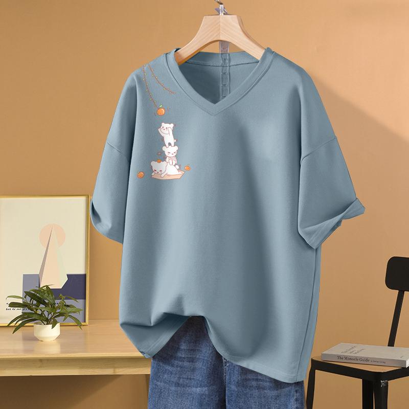 Футболка с коротким рукавом, Свободного кроя, Приталенный топ с V-образным вырезом с принтом для женщин