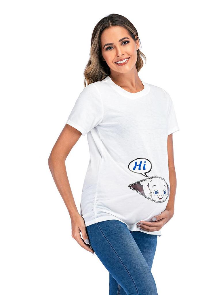 European & American Style Maternity Printed T-Shirt (Round Neck, Short Sleeve)