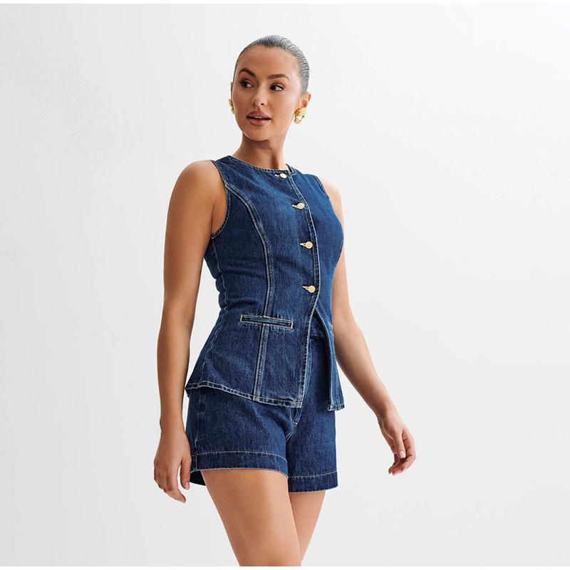 Denim Split Vest Shorts Set Women Single Breasted Sleeveless O-neck Top High Waist Short Pant Summer Lady Suit