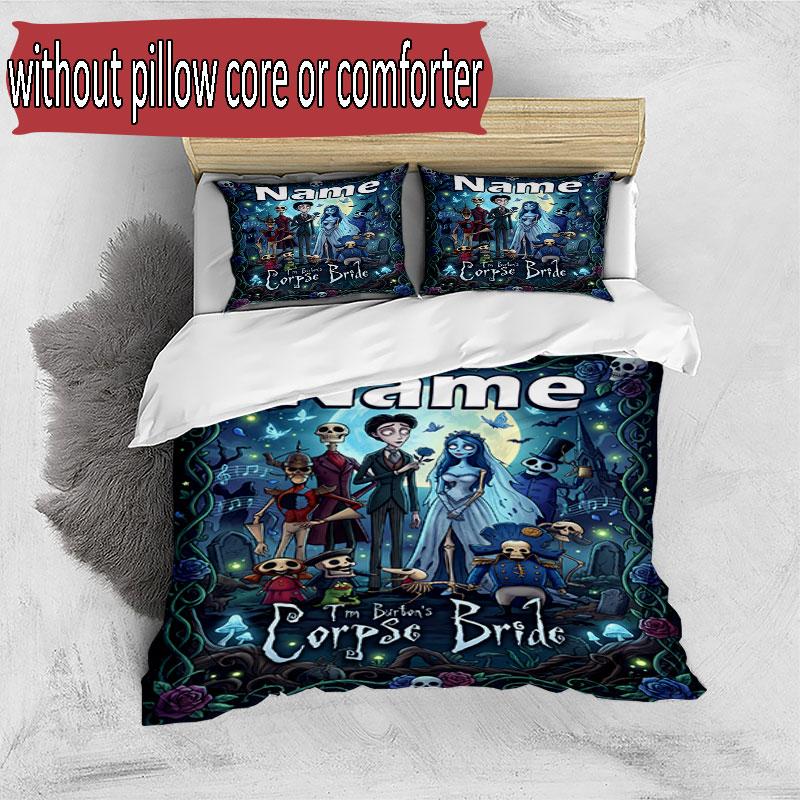 3pcs Duvet Cover Set (1*Duvet Cover + 2*Pillowcase, Without Core), Custom Name Corpse Bride Pattern Bedding Set, Home Bedroom Decor Gift